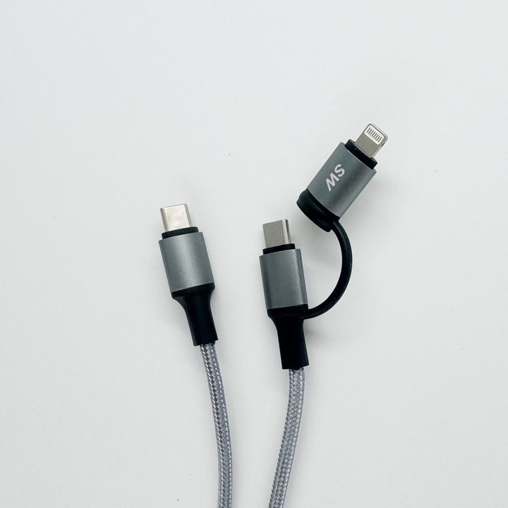 Cablu de date 2 in 1 USB Type-C & Lightning, 25W PD, Impletit, Textil Rezistent, 3 metri, Gri