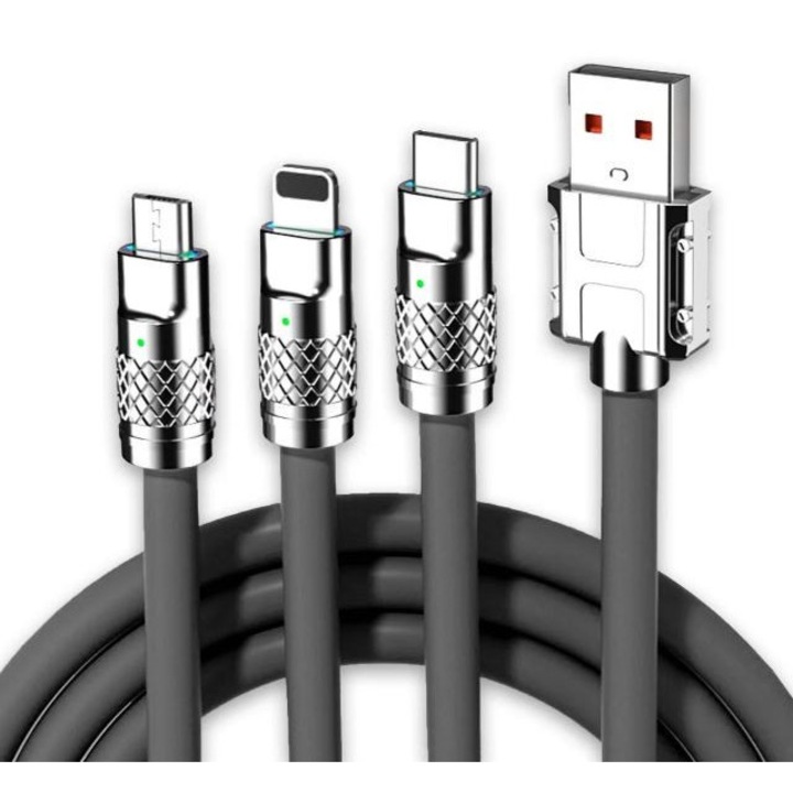 Cablu 3-in-1 (USB-C, Lightning, Micro-USB), 120W, 6A, lungime 1.2m. Incarcare super rapida, rezistent la indoiri, cu LED inteligent si constructie premium Zinc Alloy