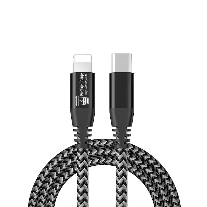 PRESTIGE CHARGE® SuperFastCharge 27W adat- és gyorstöltő kábel, Apple Iphone 8, X, 11, 12, 13, 14 Pro & ProMax, Ipad készülékekhez, 9V3A, PRÉMIUM TEXTIL, UsbC-Lightning, 3m, fekete textil