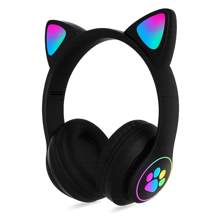Casti wireless Smart Technology Bluetooth 5.0 cu design LED „Cat Ears” luminos, microfon HD incorporat pentru apeluri hands-free, slot card SD si radio FM integrat, autonomie redare pana la 10 ore, sunet stereo de calitate, design pliabil, Brivoo®, Negree