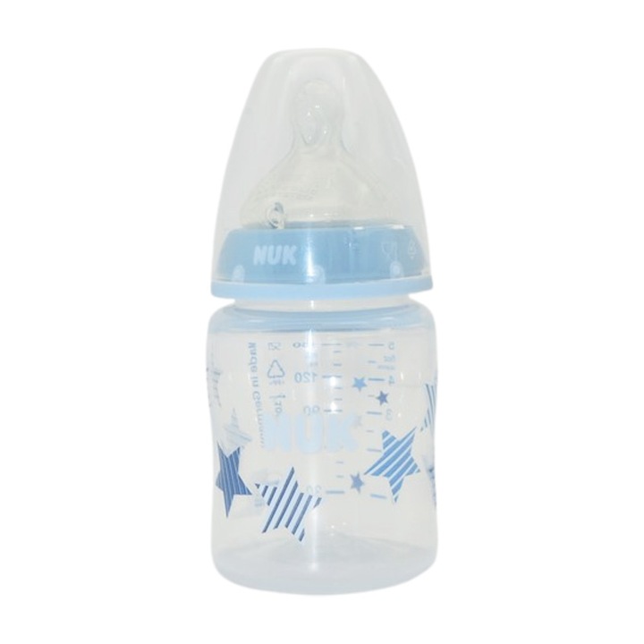 Biberon din polipropilena, cu tetina din silicon S, 150 ml, Nuk First Choice 225125BA, Albastru 0-3 luni