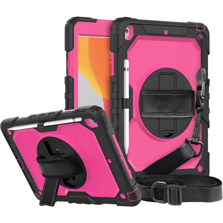 Páncélozott tok iPad 10.2"-hez, rózsaszín, forgatható támasztékkal és fogantyúkkal, szett
