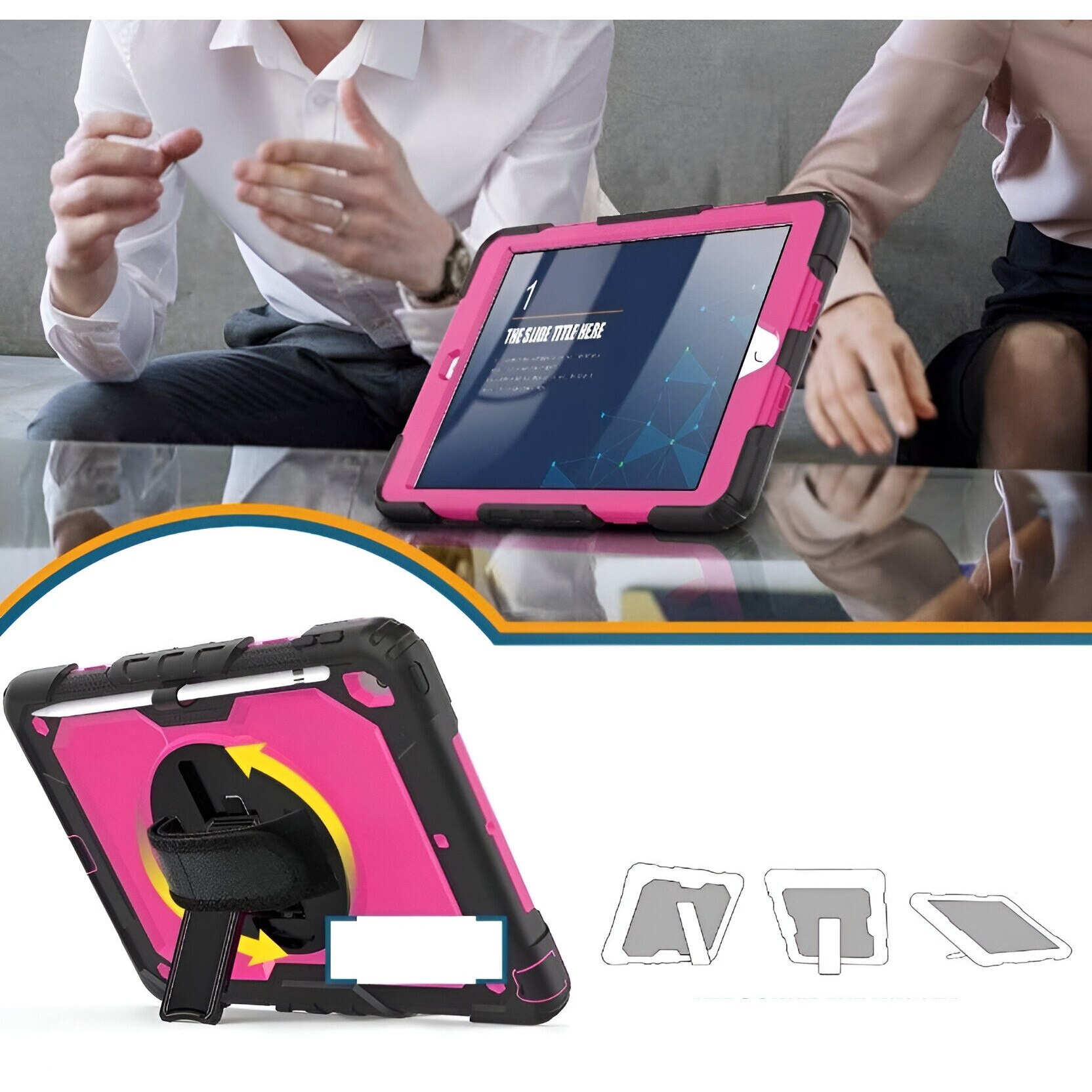 Etui pancerne pentru iPad 10.2", roz, cu suport rotativ si manere, set