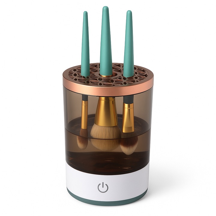 Curatator electric pentru pensule de machiaj, 7000 rpm, 5V/8W, curatare si uscare rapida, 2 moduri automat/manual, compatibil pana la 4 pensule, rezervor transparent, curatare profunda si igienica, roz