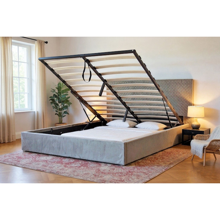 Pat Star 180x200 cm Lada Depozitare Tapitat Catifea Grey G28 MARKETMOB