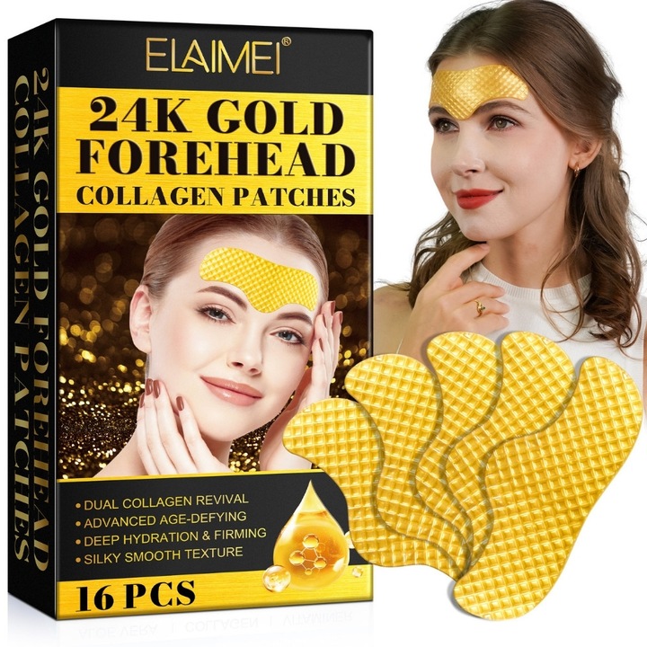 Homlokmaszk 24K arannyal, Kollagénnel, Aloe Verával, Sheavajjal és E-vitaminnal, Ránctalanító, Intenzív Hidratáló, Feszesítő, 16 db-os szett, ELAIMEI®