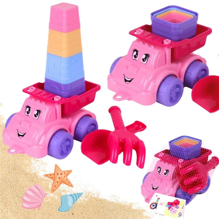 Set pentru joaca in nisip / jucarie de plaja Technok, cu basculanta, lopata, grebla si forme, Multicolor, 1 set