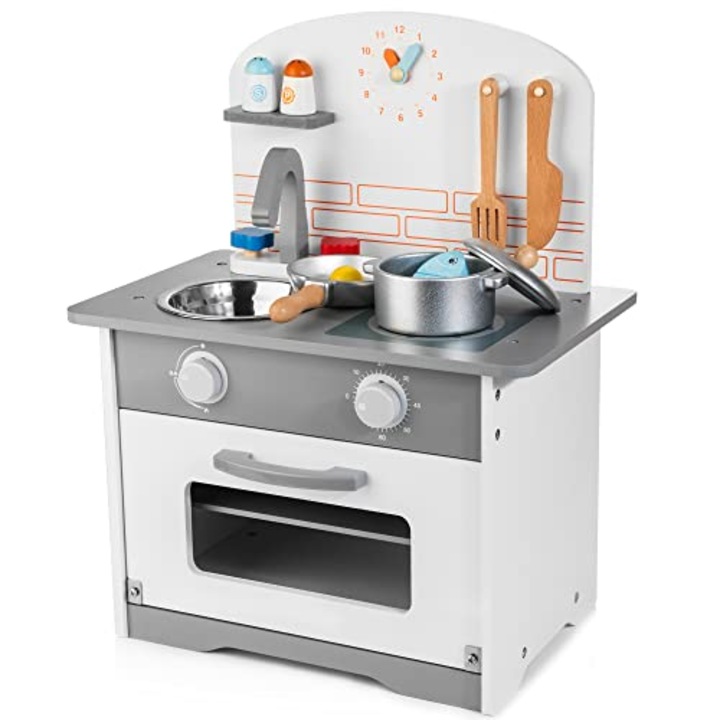 Bucatarie Din Lemn Pentru Copii, Cu Accesorii Incluse, Vopsea pe Baza de Apa, Varsta Recomandata +3 ani, Culoare Alb-Gri