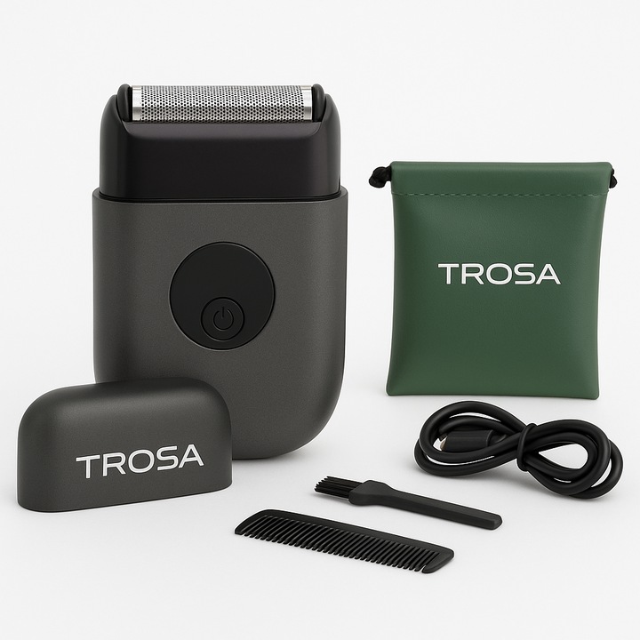Aparat de Ras Electric TROSA®, Lama Otel Inoxidabil, 3 Elemente Taiere, IPx65, Miscare Reciprocanta, Acumulator 600 mAh, Afisaj LCD, Cap protectie, Cablu Type-C, Pieptan, Sac Protectie si Perie curatare incluse