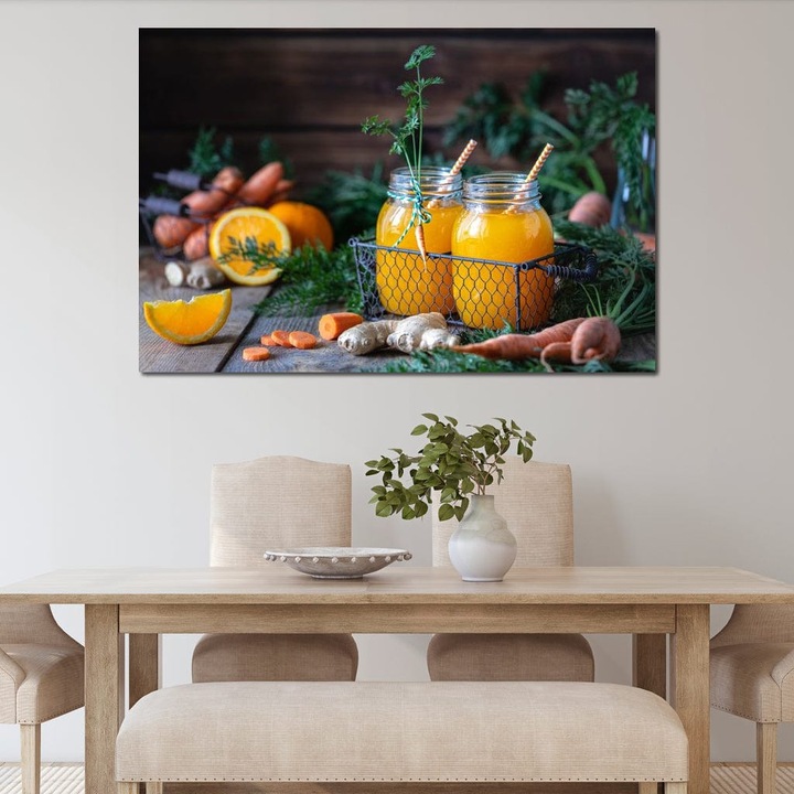 Премиум Канава Картина, LuxCanva® N1021, Перфектен Микс от Витамини, 80 X 120 СМ, 100% Памучно Платно 400гр/м2, Дървена Рамка, Сок, Плодове, Зеленчуци, Портокали, Морков, Фреш, Енергия, Здраве, Био, Освежаващ, Пъб, Лаундж, Бар, Ресторант, Кухня