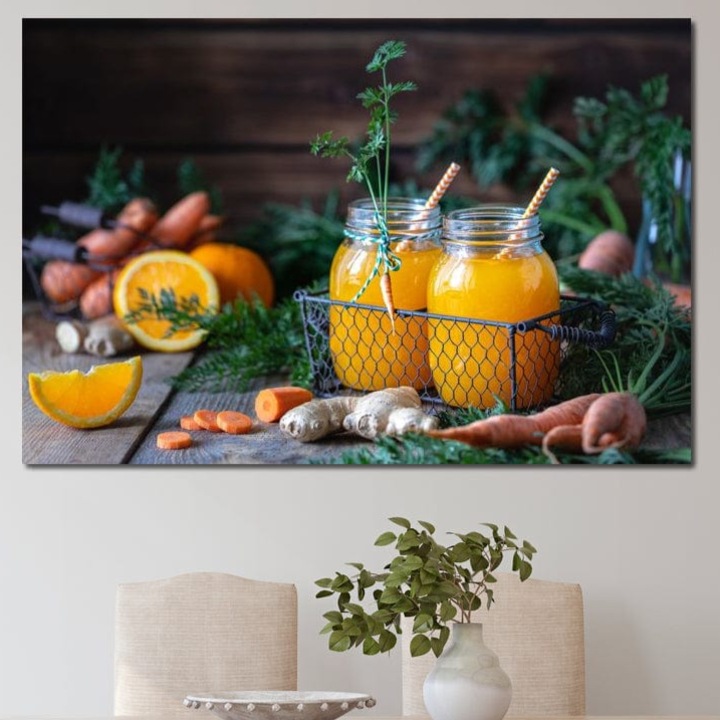 Tablou Canvas Premium, LuxCanva® N1021, Mix Perfect de Vitamine, 70 X 100 CM, Panza Bumbac 100% 400g/m2, Sasiu Lemn, Suc, Fructe, Legume, Portocale, Morcov, Fresh, Energie, Sanatate, Organic, Racoritor, Pub, Lounge, Bar, Restaurant, Bucatarie