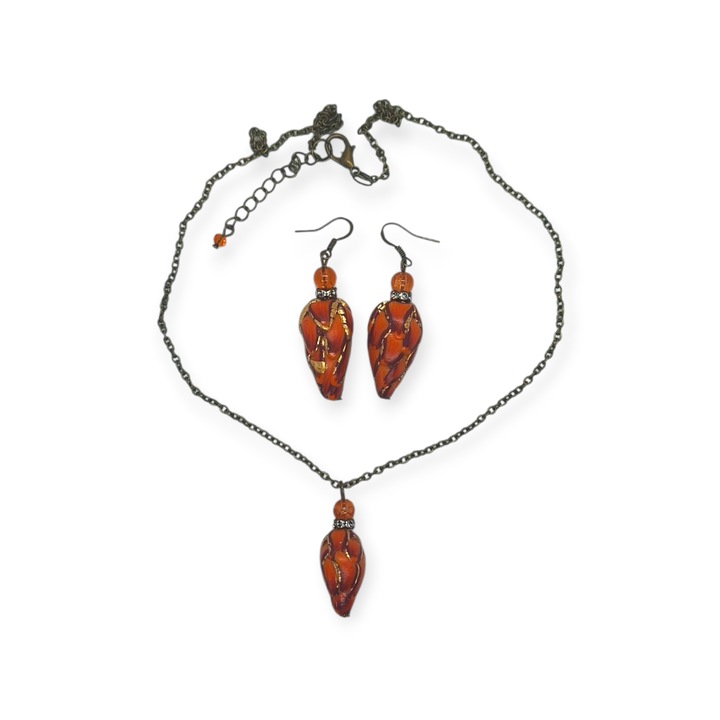 Set colier si cercei, „Amber Glow”, handmade, portocaliu, lut polimeric, accesorii bronz antic, cadou elegant, 46 cm