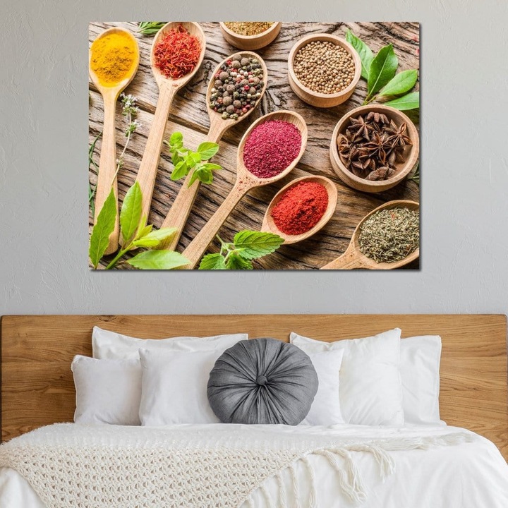 Премиум Канава Картина, LuxCanva® N1025, Ориенталски Аромати, 90 X 120 СМ, 100% Памучно Платно 400гр/м2, Дървена Рамка, Подправки, Ароматни Растения, Билки, Съставки, Натурален, Вкус, Аромат, Зърна, Гастрономия, Ресторант, Кухня