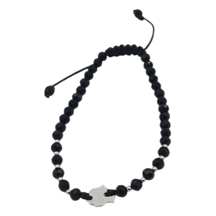 Bratara pe snur cu margele negre de cristal 4 mm si 10 bilute si link Romania din Argint 925 lungime 17 cm Aureliana