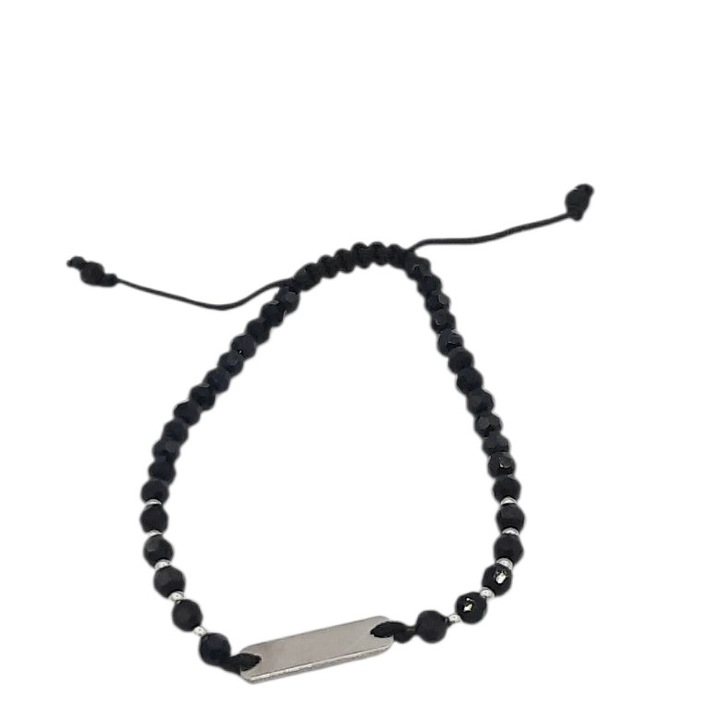 Bratara pe snur cu margele negre de cristal 4 mm si 10 bilute si link banut 10 mm gravat Inger la rugaciune din Argint 925 lungime 17 cm Aurelia