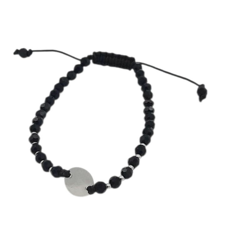 Bratara pe snur cu margele negre de cristal 4 mm si 10 bilute si link banut simplu din Argint 925 lungime 16, 5 cm Augustina