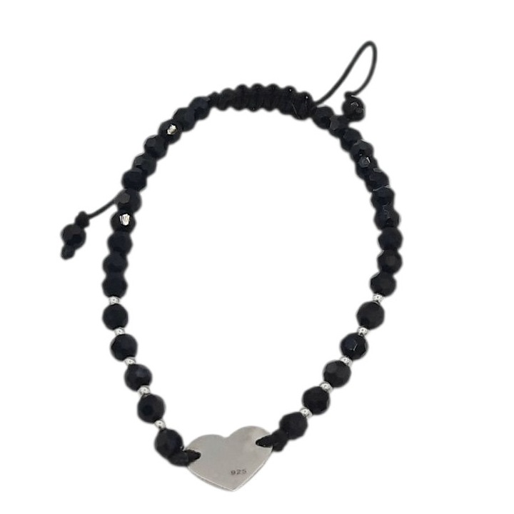 Bratara pe snur cu margele negre de cristal 4 mm si 10 bilute si link inimioara din Argint 925 lungime 17 cm Antoaneta