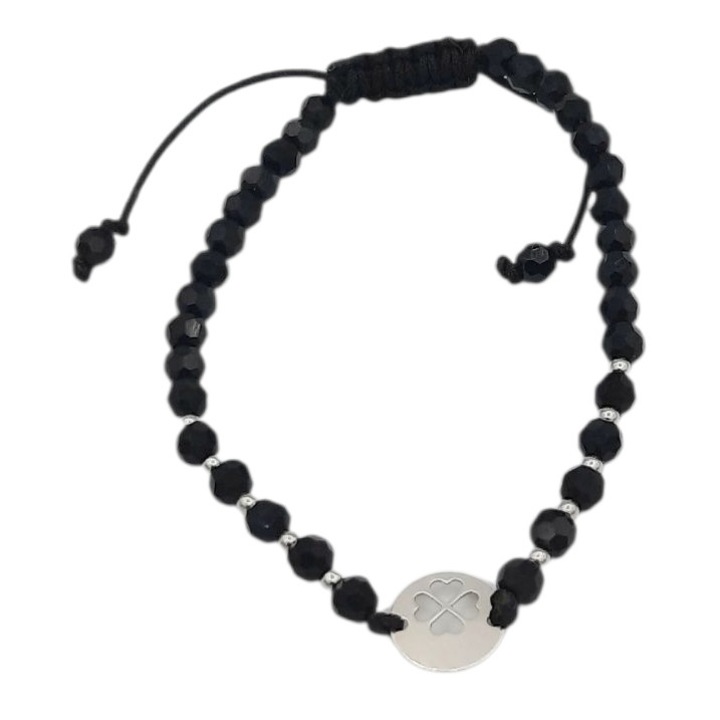 Bratara pe snur cu margele negre de cristal 4 mm si 10 bilute si link banut cu trifoi Argint 925 lungime 17 cm Antoaneta