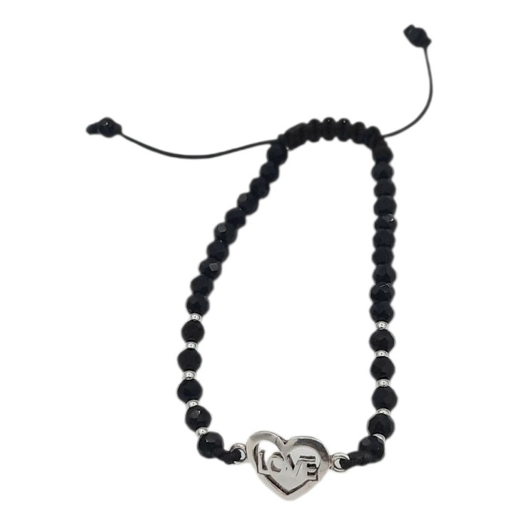 Bratara pe snur cu margele negre de cristal 4 mm si 10 bilute si link inima cu LOVE din Argint 925 lungime 16, 5 cm Antonia