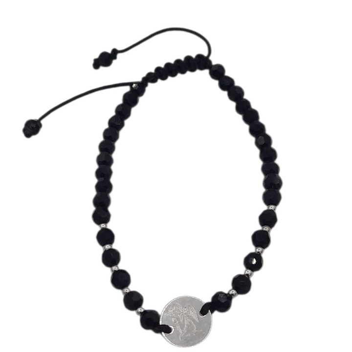 Bratara pe snur cu margele negre de cristal 4 mm si 10 bilute si link banut cu ingeras din Argint 925 lungime 16,5 cm Anita