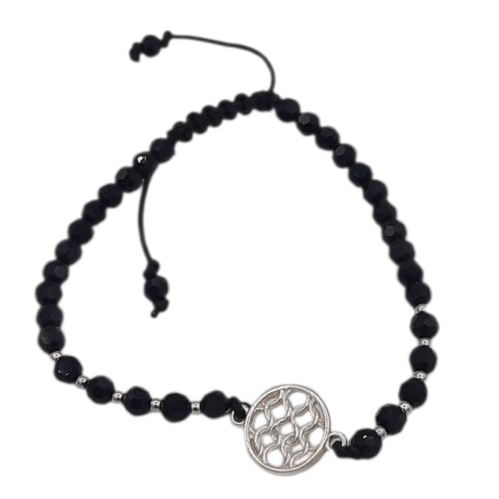 Bratara pe snur cu margele negre de cristal 4 mm si 10 bilute si link din Argint 925 lungime 16, 5 cm Angelina