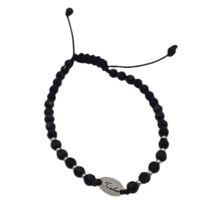 Bratara pe snur cu margele negre de cristal 4 mm si 10 bilute si link banut cu TE IUBESC din Argint 925 de lungime 17 cm Angelica