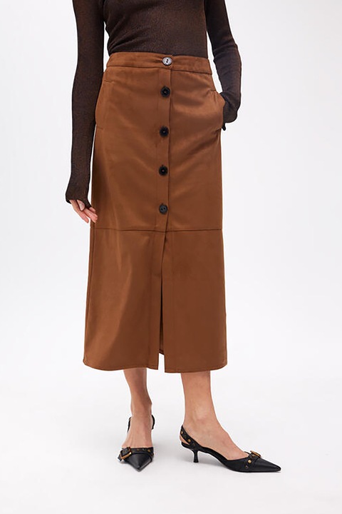 Lola Casademunt, Fusta midi de piele intoarsa ecologica cu buzunare, Caramel