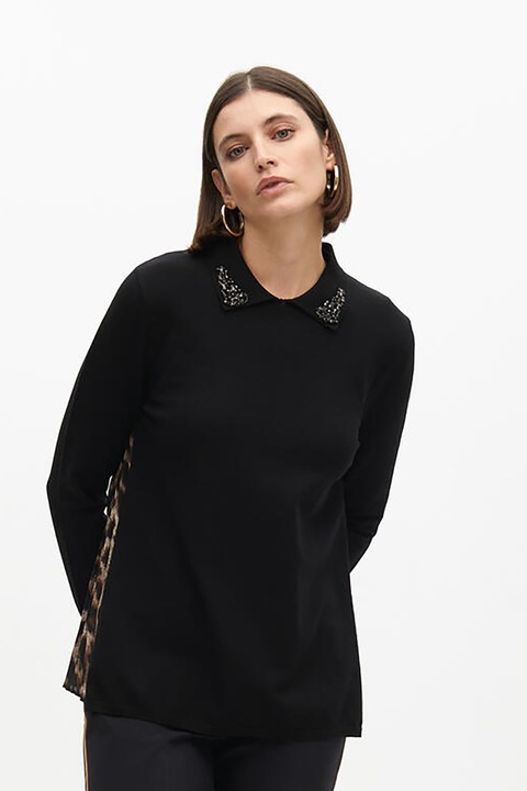 Lola Casademunt, Bluza polo cu model animal print si pliuri in partea din spate, Negru/Maro
