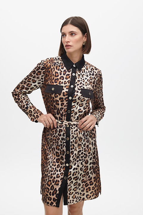 Lola Casademunt, Rochie-camasa cu animal print si cordon in talie, Negru/Maro scortisoara/Maro nisip