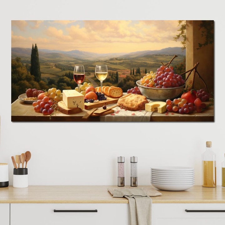 Премиум Канава Картина, LuxCanva® N1027, Деликатеси по Залез, 70 X 140 CM, Памучно Платно 100% 400g/m2, Дървена Рамка, Природа, Вино, Грозде, Храна, Напитка, Пир, Традиционен, Рустик, Залез, Празник, Есен, Пейзаж, Гледка, Ресторант, Кухня