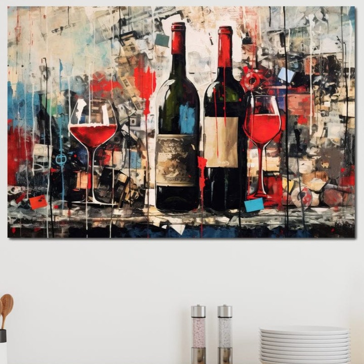 Картина на платно, LuxCanva® N1028, Истории в Бутилка, 70 X 100 СМ, 100% Памучен Плат 400гр/м2, Дървена Рамка, Червено Вино, Чаши, Бутилки, Пъб, Лаундж, Бар, Ресторант, Кухня