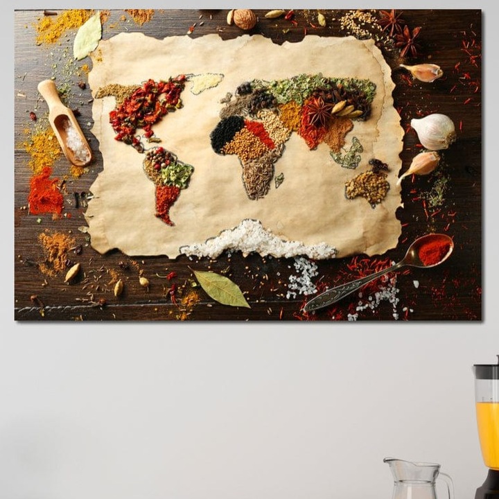 Картина от канава, LuxCanva® N1029, География на Вкуса, 40 х 60 см, Платно 100%, Памук 400g/m2, Дървена Рамка, Карта на Света, Подправки, Ароматни подправки, Вкус, Аромат, Съставки, Континенти, Рецепти, Натурален, Ориенталски, Ресторант, Кухня