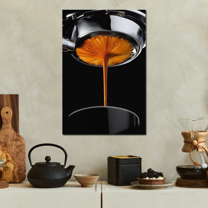 Премиум Канава Картина, LuxCanva® N1030, Магията на Еспресото, 70 X 100 СМ, 100% Памучно Платно 400гр/м2, Дървена Рамка, Кафе, Бариста, Свежест, Аромат, Крема, Вкус, Енергия, Сутрин, Машина, Наслада, Пъб, Бар, Лаундж, Ресторант, Кухня