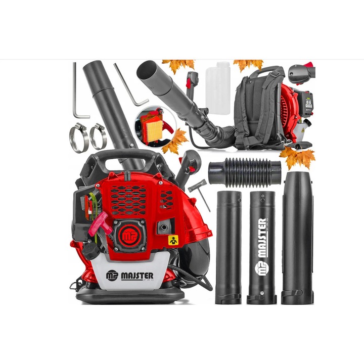 Suflanta de frunze pe benzină, Majster Polska MP0077, 2200 W, 370 km/h, 3,8 CP, rucsac