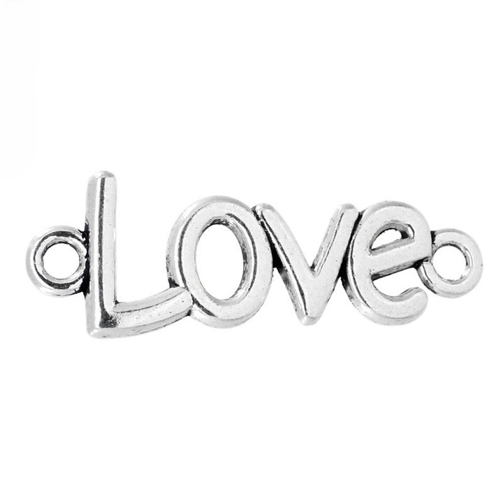 Set 8 bucati pandantive / conector mesaj Love culoare argintiu antichizat pentru colier si bratara handmade furnituri