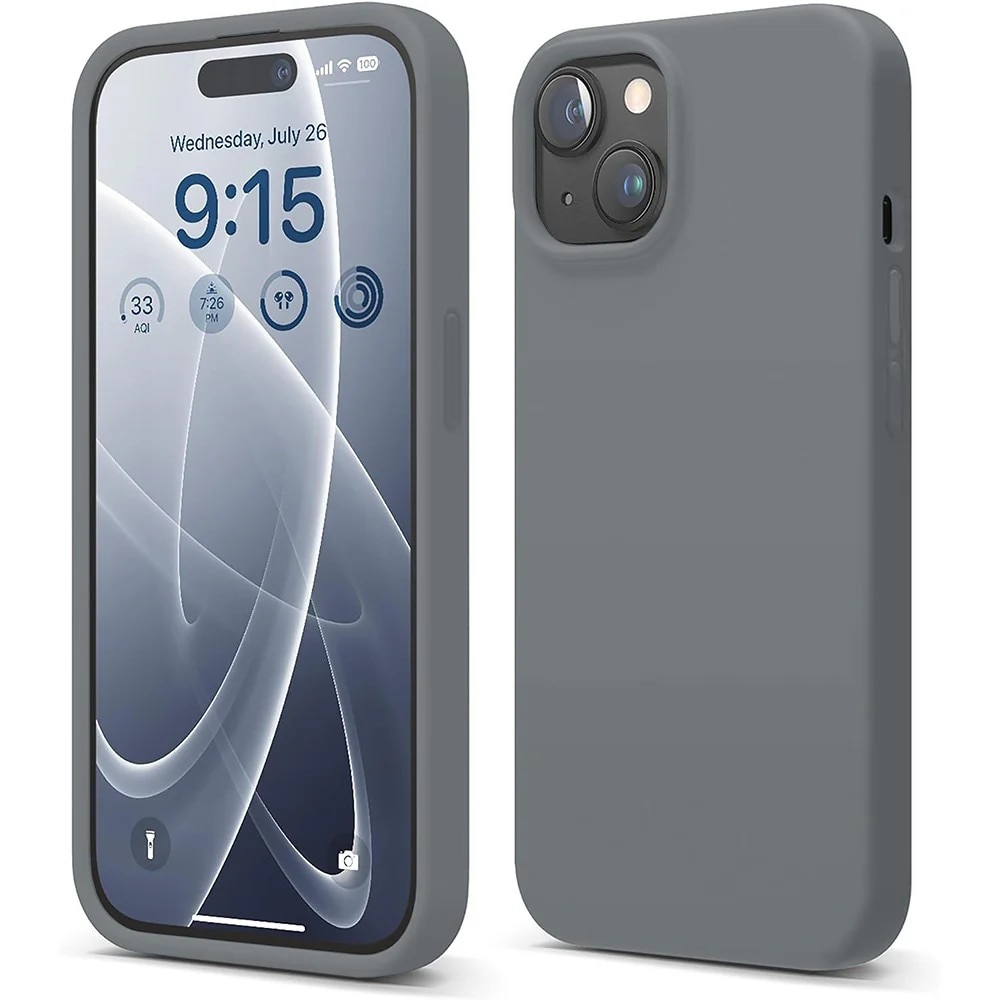 Husa CASEY STUDIOS™ pentru Apple iPhone 15, Soft Silicone Premium, Dark Grey, de Protectie, Ultra Slim, pentru Incarcare Wireless, Margini Ridicate pentru Protectia Ecranului si a Camerelor, Microfibra in Interior