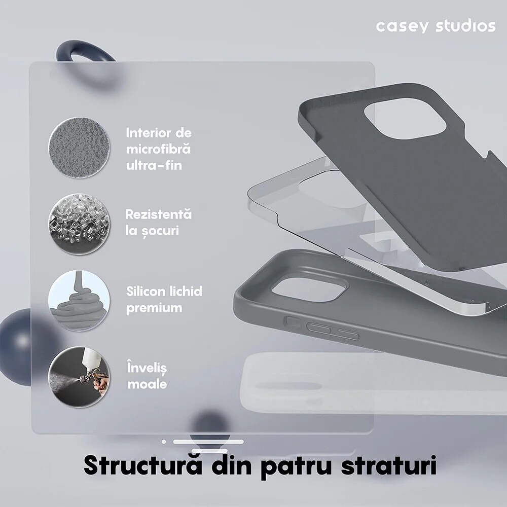 Husa CASEY STUDIOS™ pentru Apple iPhone 15, Soft Silicone Premium, Dark Grey, de Protectie, Ultra Slim, pentru Incarcare Wireless, Margini Ridicate pentru Protectia Ecranului si a Camerelor, Microfibra in Interior