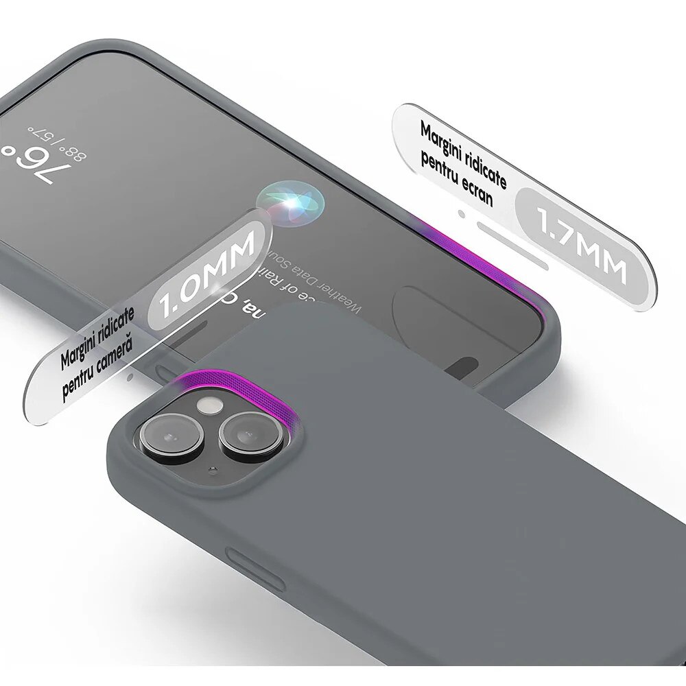 Husa CASEY STUDIOS™ pentru Apple iPhone 15, Soft Silicone Premium, Dark Grey, de Protectie, Ultra Slim, pentru Incarcare Wireless, Margini Ridicate pentru Protectia Ecranului si a Camerelor, Microfibra in Interior