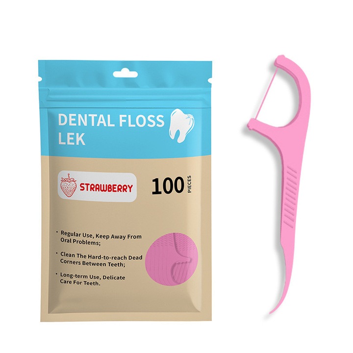 Scobitori dentare cu ata, 100 buc, aroma de capsuni – curatare profunda, design ergonomic, ingrijire orala zilnica pentru adulti si copii