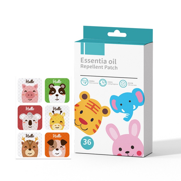 Szúnyogriasztó tapaszok illóolajjal – Malac modell, 36 darab, biztonságos és nem mérgező gyermekek számára