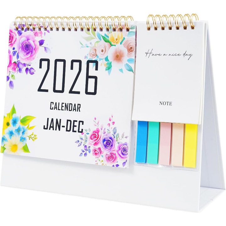 Calendar de Birou Floral 2026 cu Note Adezive si Baza Stabila, Organizator Timp cu Design Floral si Memo Stickere pentru Planificare Eficienta