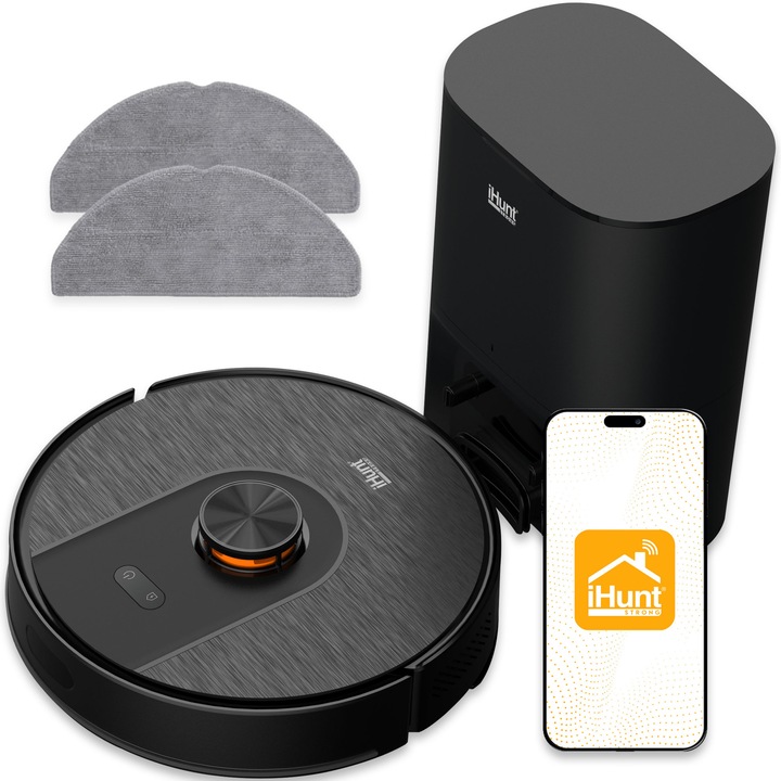 Robot de aspirare iHunt BRO Robo Clean V6 AutoBase, WiFi, Aspirare si Spalare Mop Simultan, Statie de golire, 45W, Autonomie 120 min, 5000Pa, Colectare automata a prafului, Rezervor Apa, Aplicatie Android iOS, Black