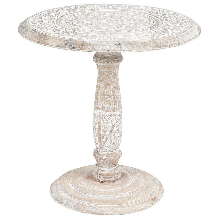 Masa laterala Beliani Jambia, lemn de mango deschis si alb, stil retro, rotunda, 45x45x43cm