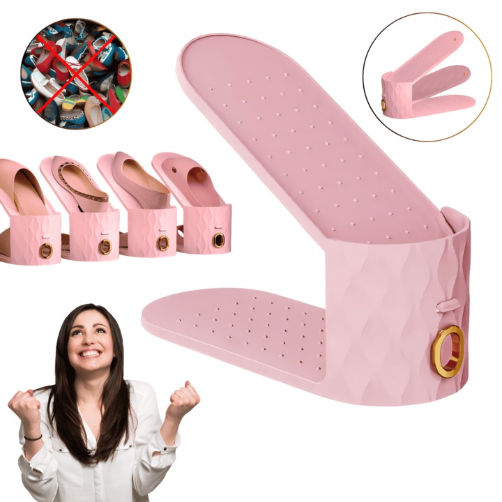 Állítható Cipőrendező Szekrényhez és Polcokhoz, Függőleges Tartó, Helytakarékos, Kompatibilis Cipőkhöz, Sportcipőkhöz, Szandálokhoz, Balerinákhoz, Magassarkúkhoz, Könnyű Csizmákhoz, Ellenálló Anyag, Csúszásmentes Felület, Rózsaszín