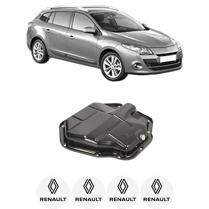 Baie ulei RENAULT MEGANE III Grandtour (KZ0/1) 2.0 CVT (KZ0G, KZ1P) M4R 711, M4R 713 din 2009-2015 KW 103 CP 140 CMC 1997, auto, material otel, 4 Stickere auto cu RENAULT