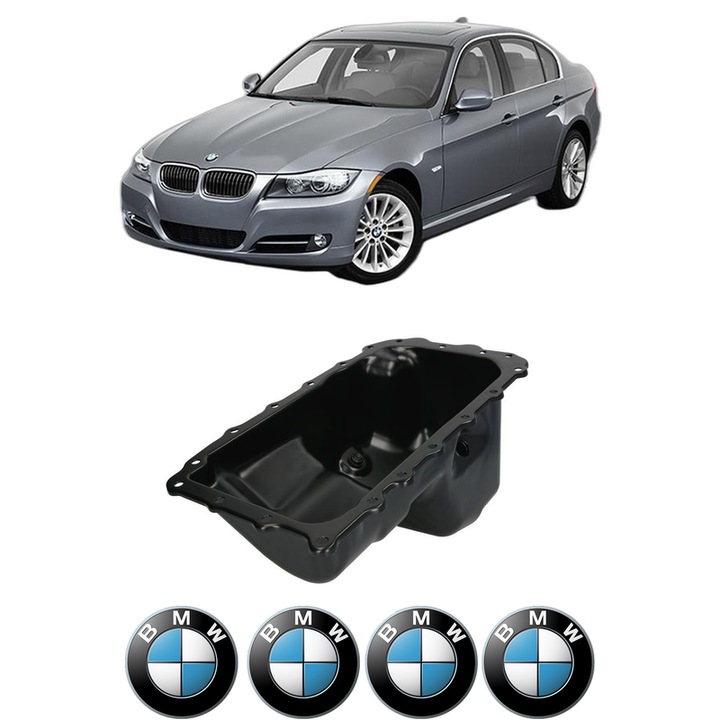 Baie ulei BMW Seria 3 (E90) 320 i N46 B20 C, N46 B20 B, N46 B20 CC, N46 B20 CD, N46 B20 E din 2007-2011 KW 115 CP 156 CMC 1995, auto, material otel, 4 Stickere auto cu BMW Seria