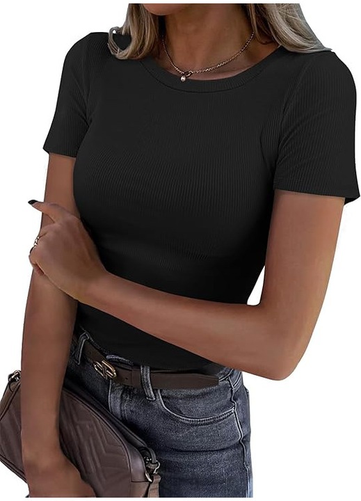 Tricou mulat, cu dungi, slim fit, de vara, cu guler rotund, maneca scurta, elastic, Negru
