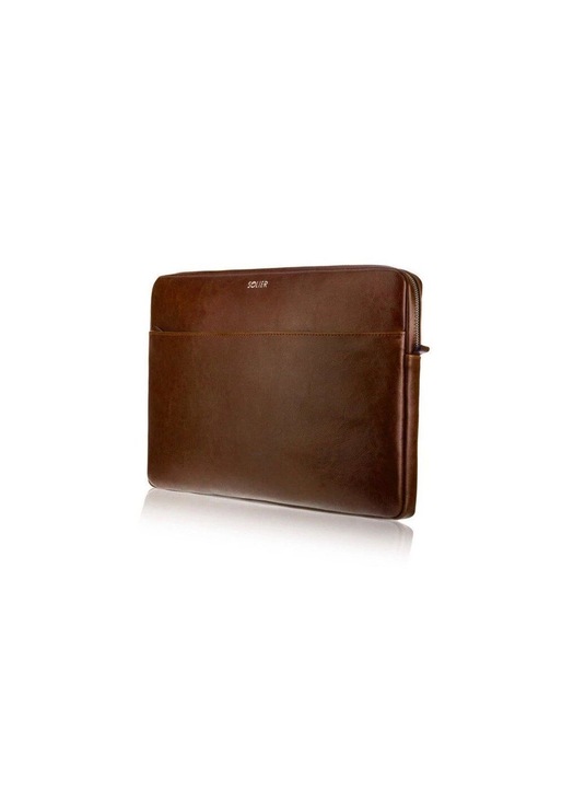 Geanta din piele Solier SA24, maro, pentru laptop de pana la 13 inch, cu fermoar, 36x26x2cm