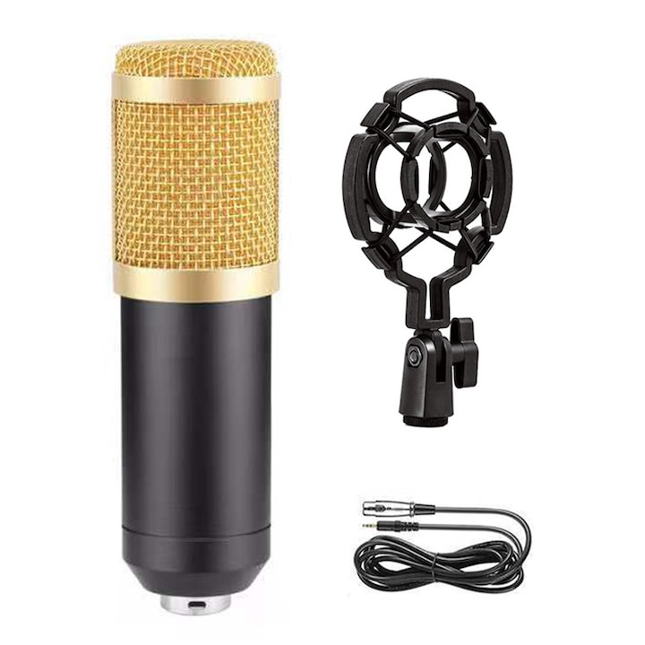 Set microfon, 3 piese, cu suport anti-vibratii si cablu XLR, carcasa metalica, negru/auriu