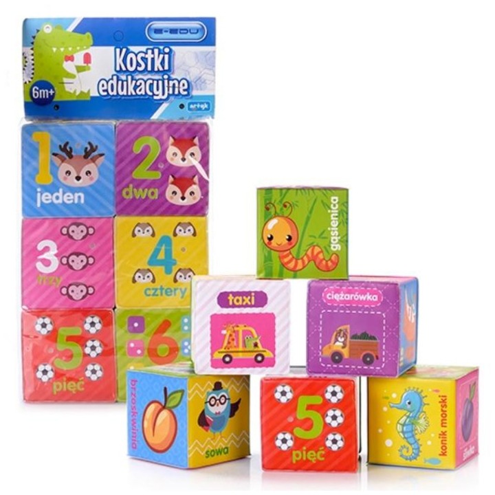 Set jucarii interactive Artyk, 6 cuburi moi, 7x7x7cm, animale, vehicule, cifre